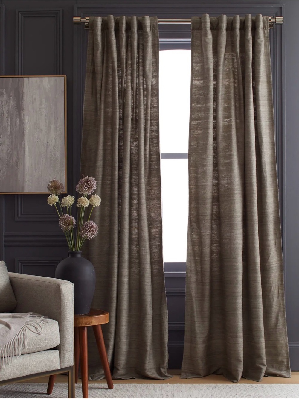 Quince Raw Silk Grey Textured Curtain Panel